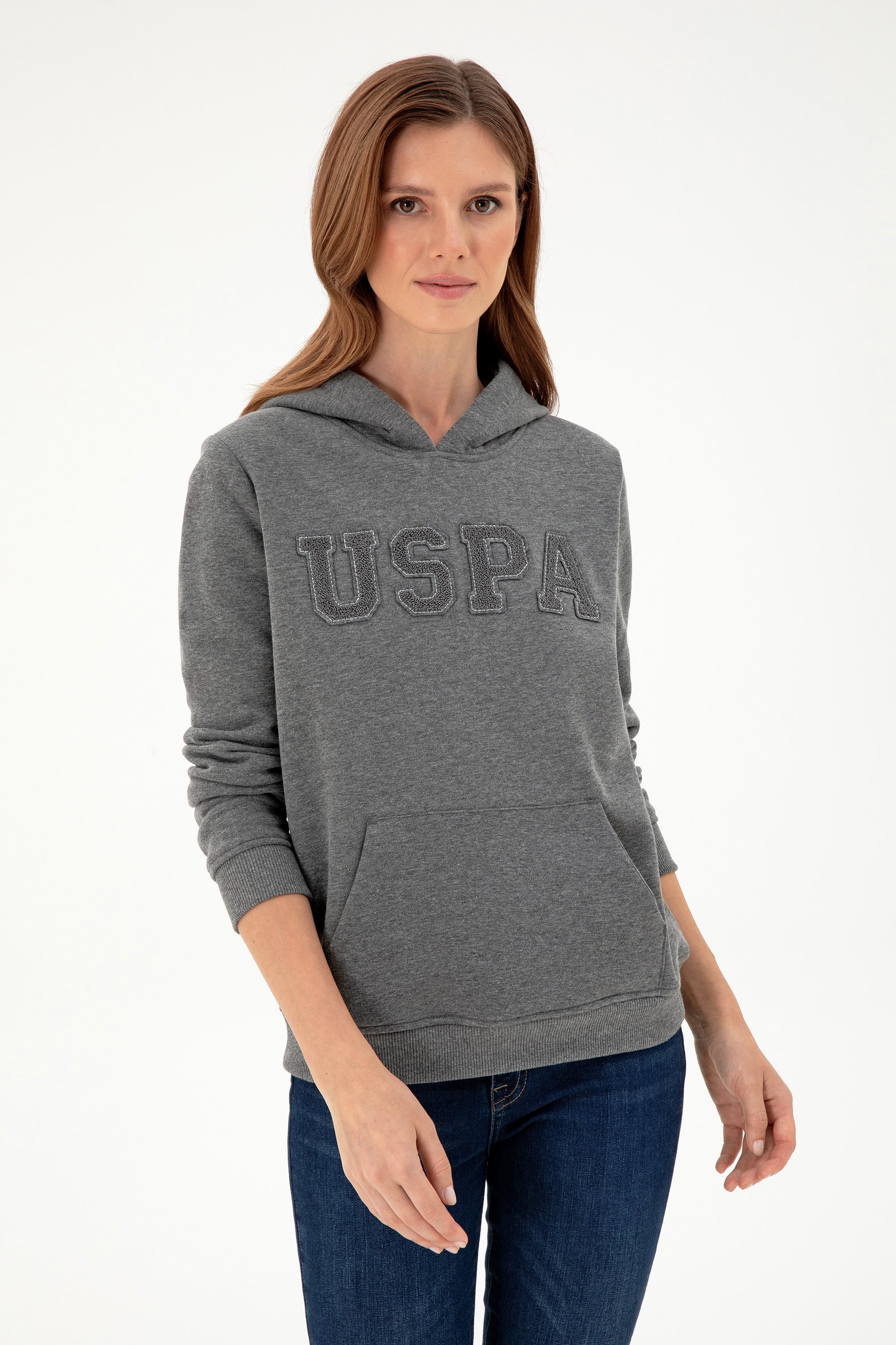 Kadın Antrasit Melanj Basic Kapüşonlu Sweatshirt