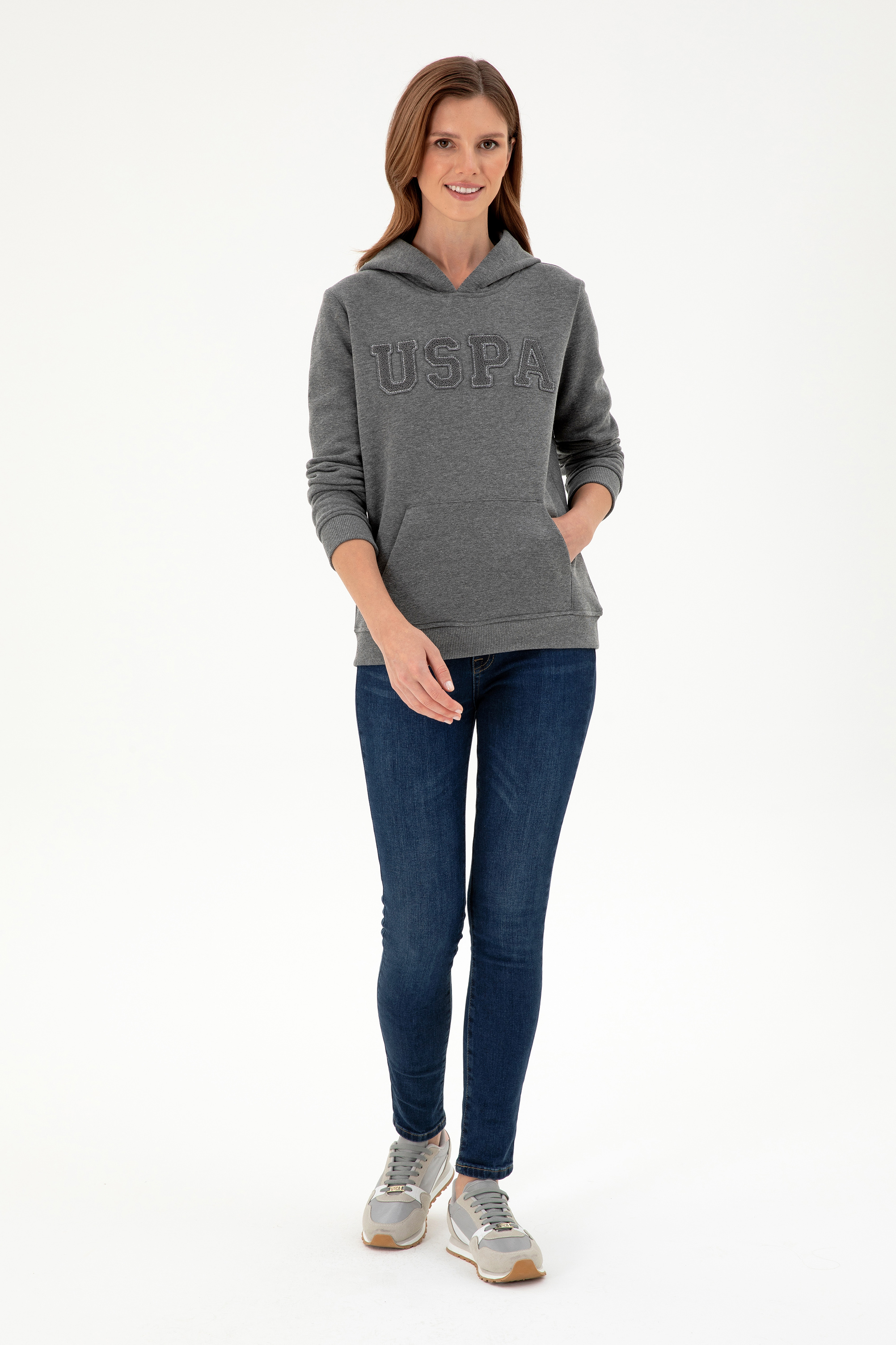 Kadın Antrasit Melanj Basic Kapüşonlu Sweatshirt - Image 4
