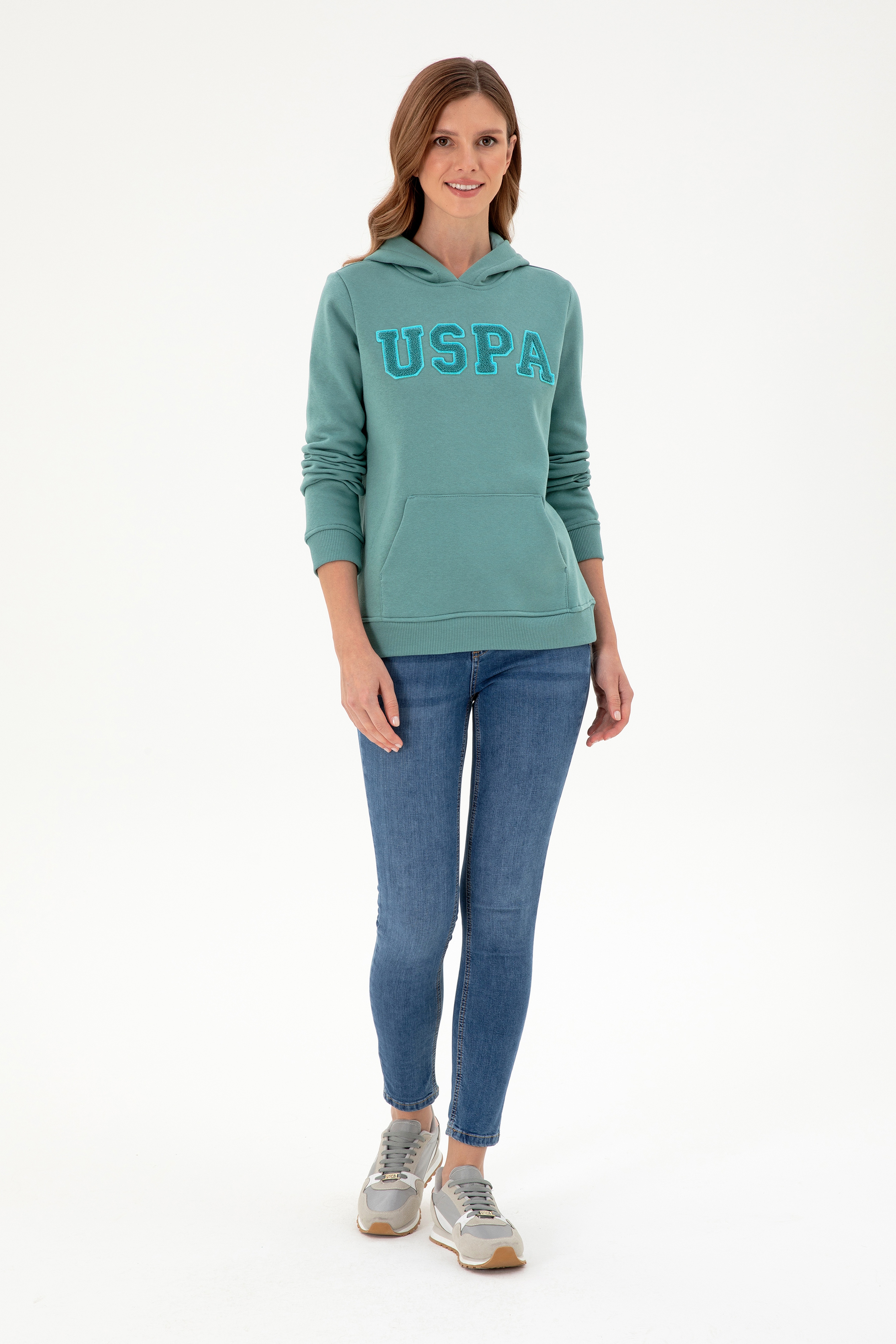 Kadın Mint Basic Kapüşonlu Sweatshirt - Image 4