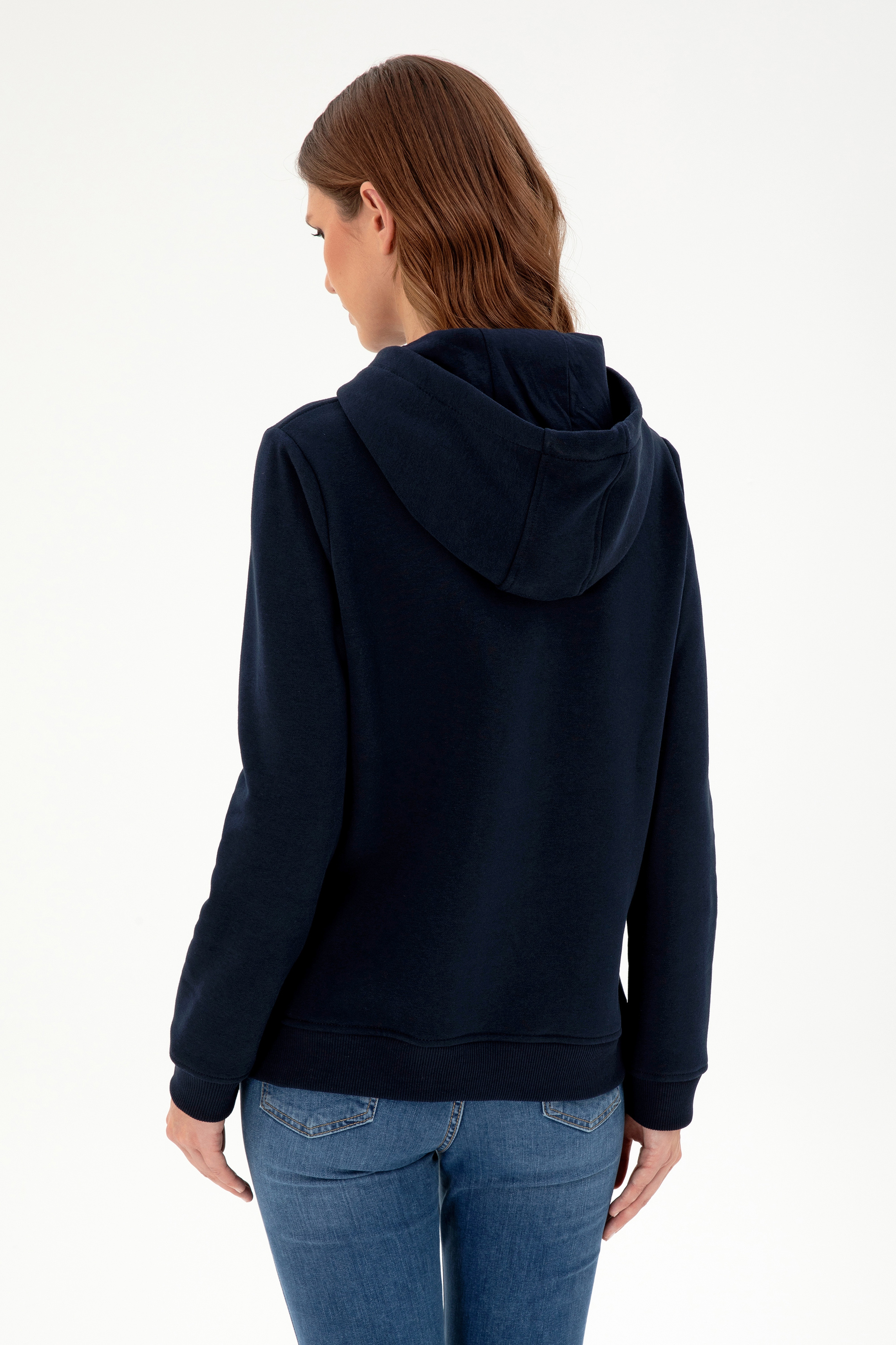 Kadın Lacivert Basic Kapüşonlu Sweatshirt - Image 5