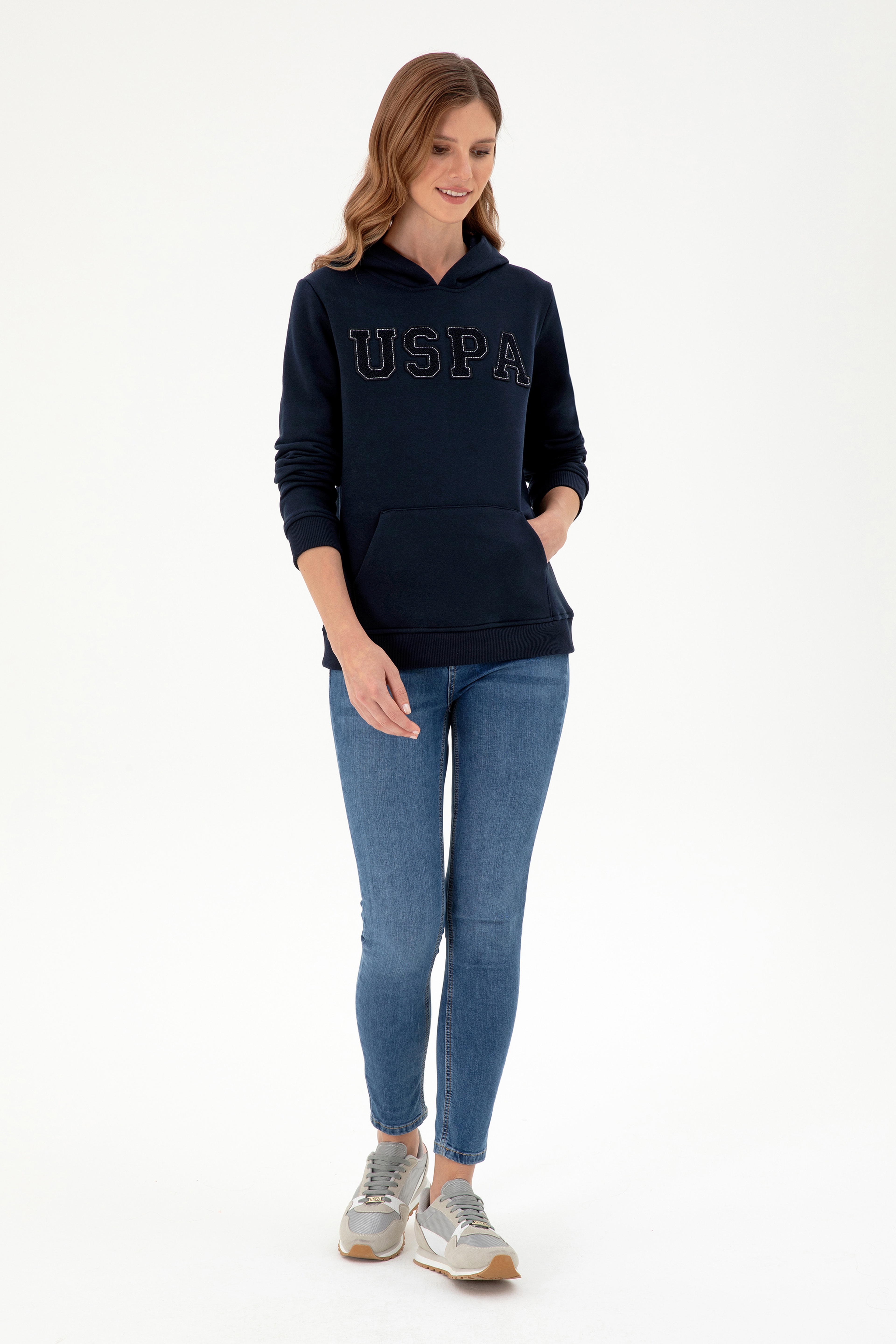 Kadın Lacivert Basic Kapüşonlu Sweatshirt - Image 4