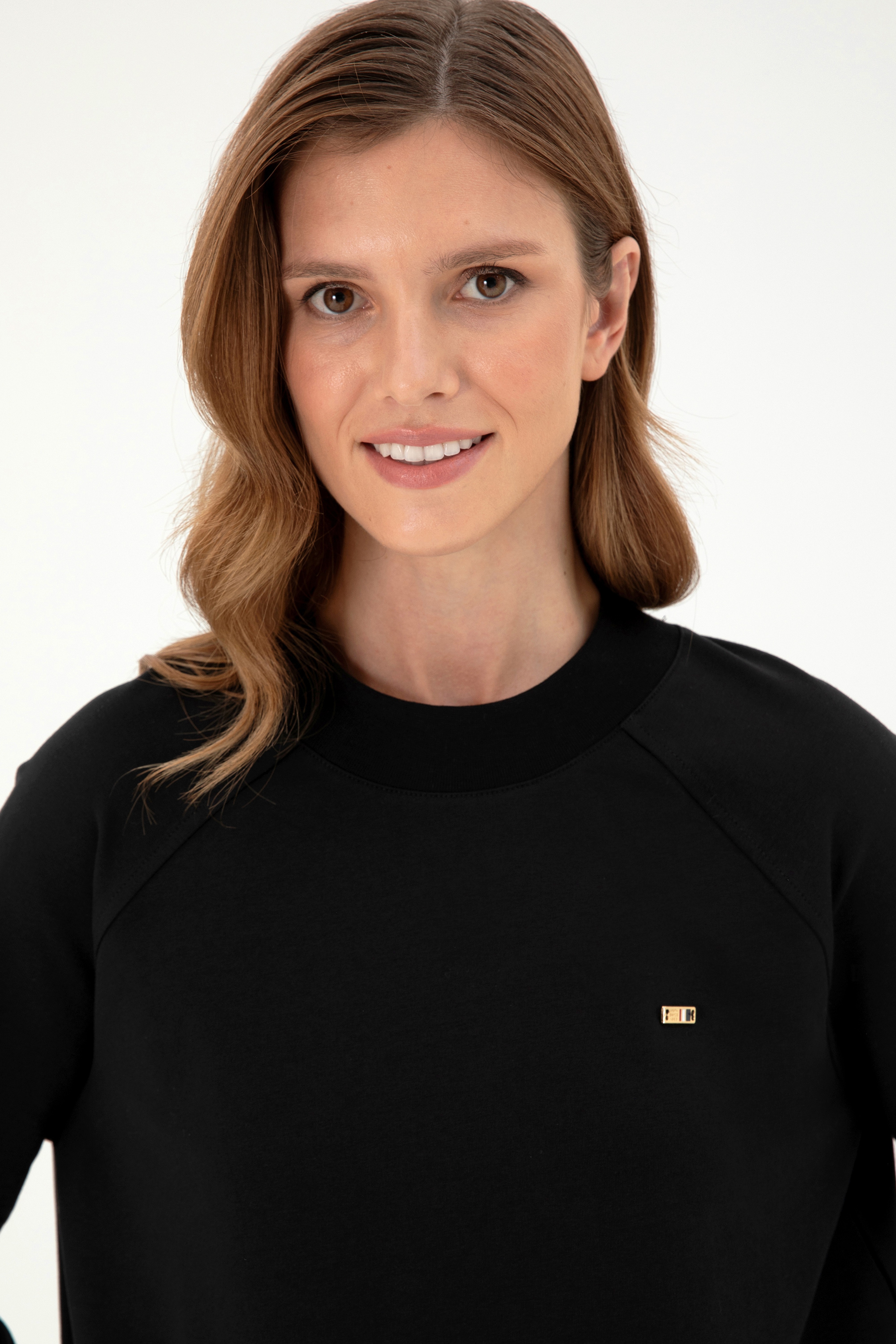 Kadın Siyah Bisiklet Yaka Sweatshirt - Image 2