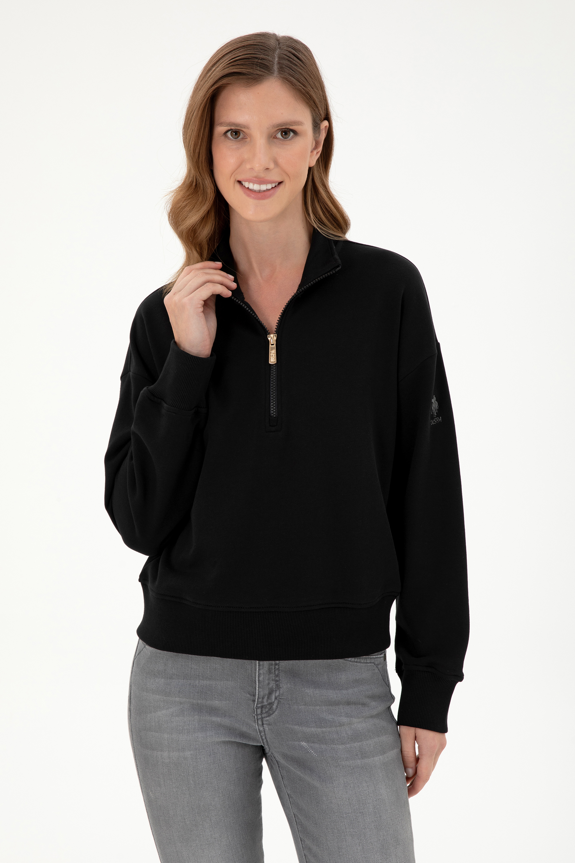 Kadın Siyah Dik Yaka Sweatshirt - Image 3