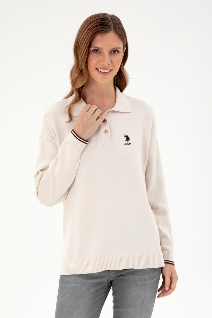 Kadın Krem Polo Yaka Kazak