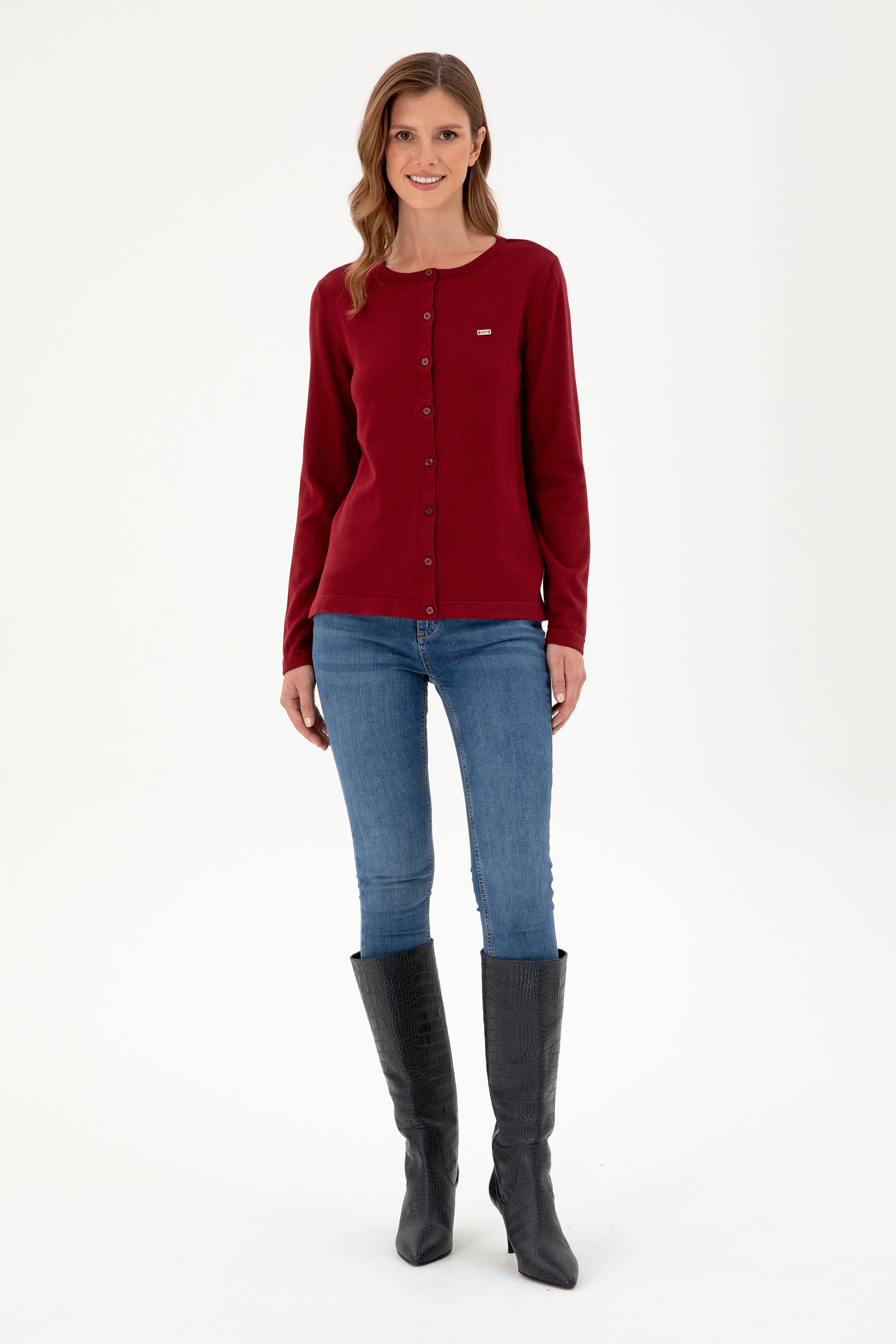 Kadın Bordo Basic Triko Hırka - Image 4