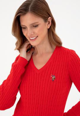 Kadın Kırmızı V Yaka Basic Kazak - 50288992029