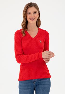 Kadın Kırmızı V Yaka Basic Kazak - 50288992029