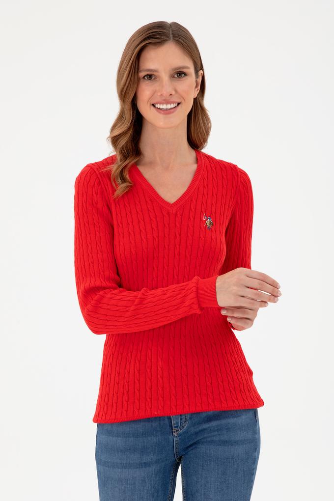 Kadın Kırmızı V Yaka Basic Kazak