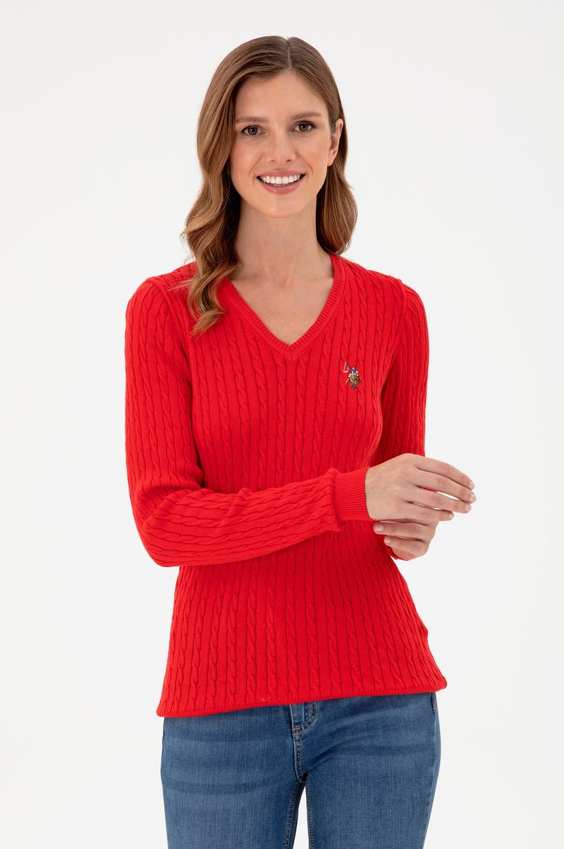 Kadın Kırmızı V Yaka Basic Kazak