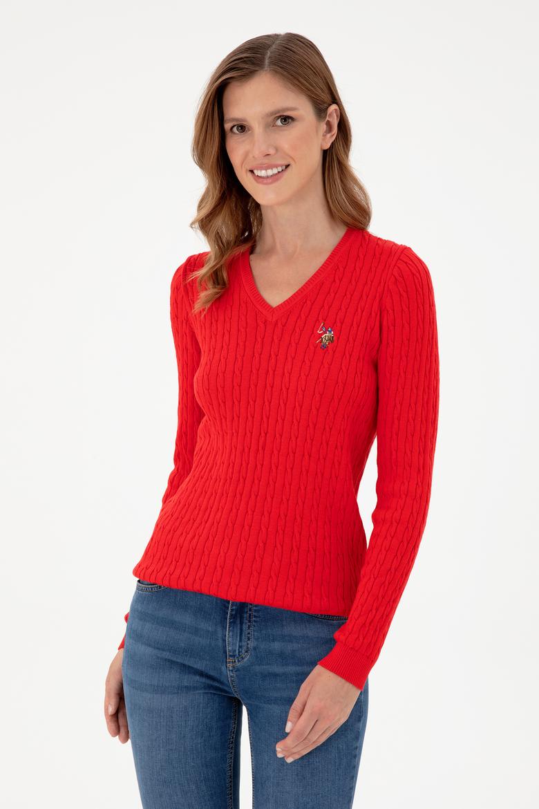 Kadın Kırmızı V Yaka Basic Kazak - 50288992029