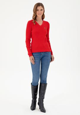 Kadın Kırmızı V Yaka Basic Kazak - 50288992029