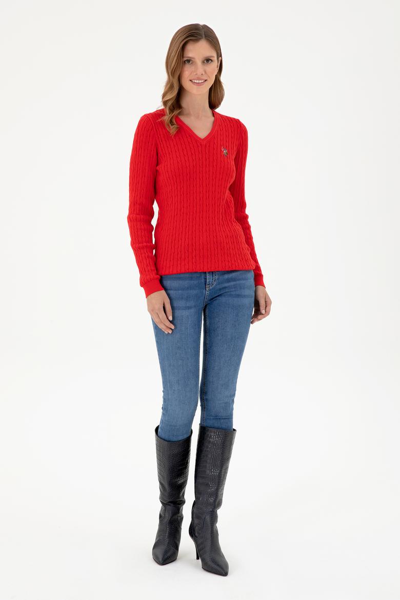 Kadın Kırmızı V Yaka Basic Kazak - 50288992029