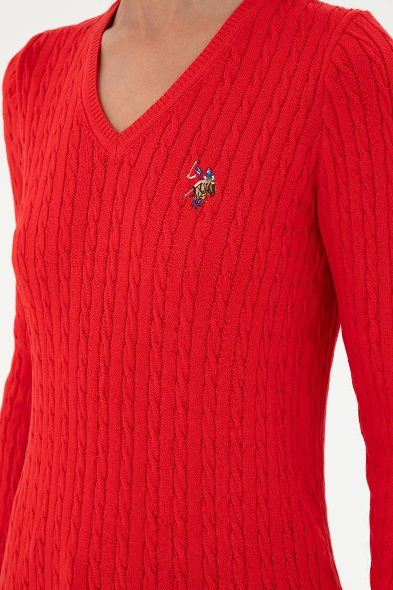 Kadın Kırmızı V Yaka Basic Kazak - 50288992029