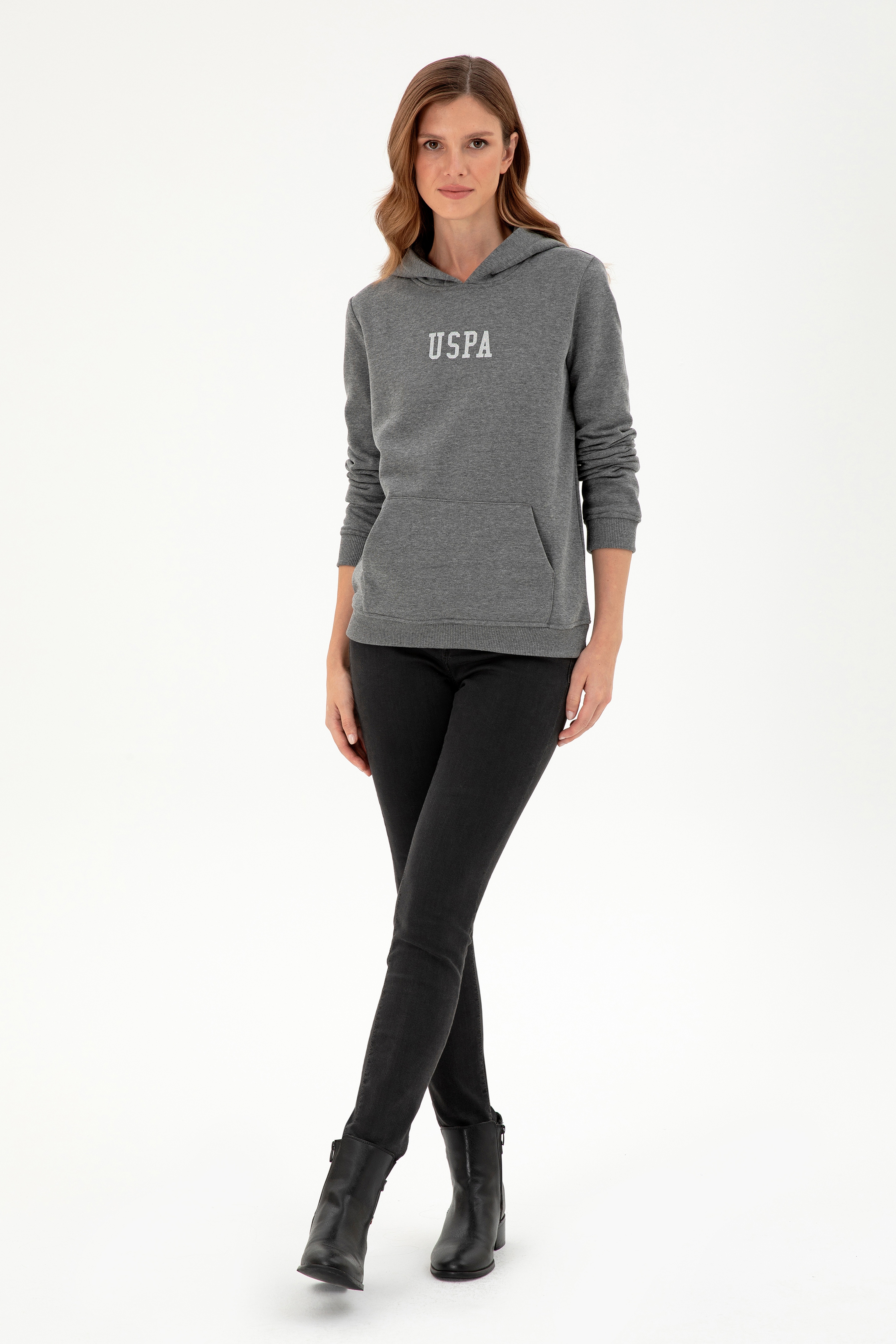 Kadın Antrasit Melanj Basic Kapüşonlu Sweatshirt - Image 4
