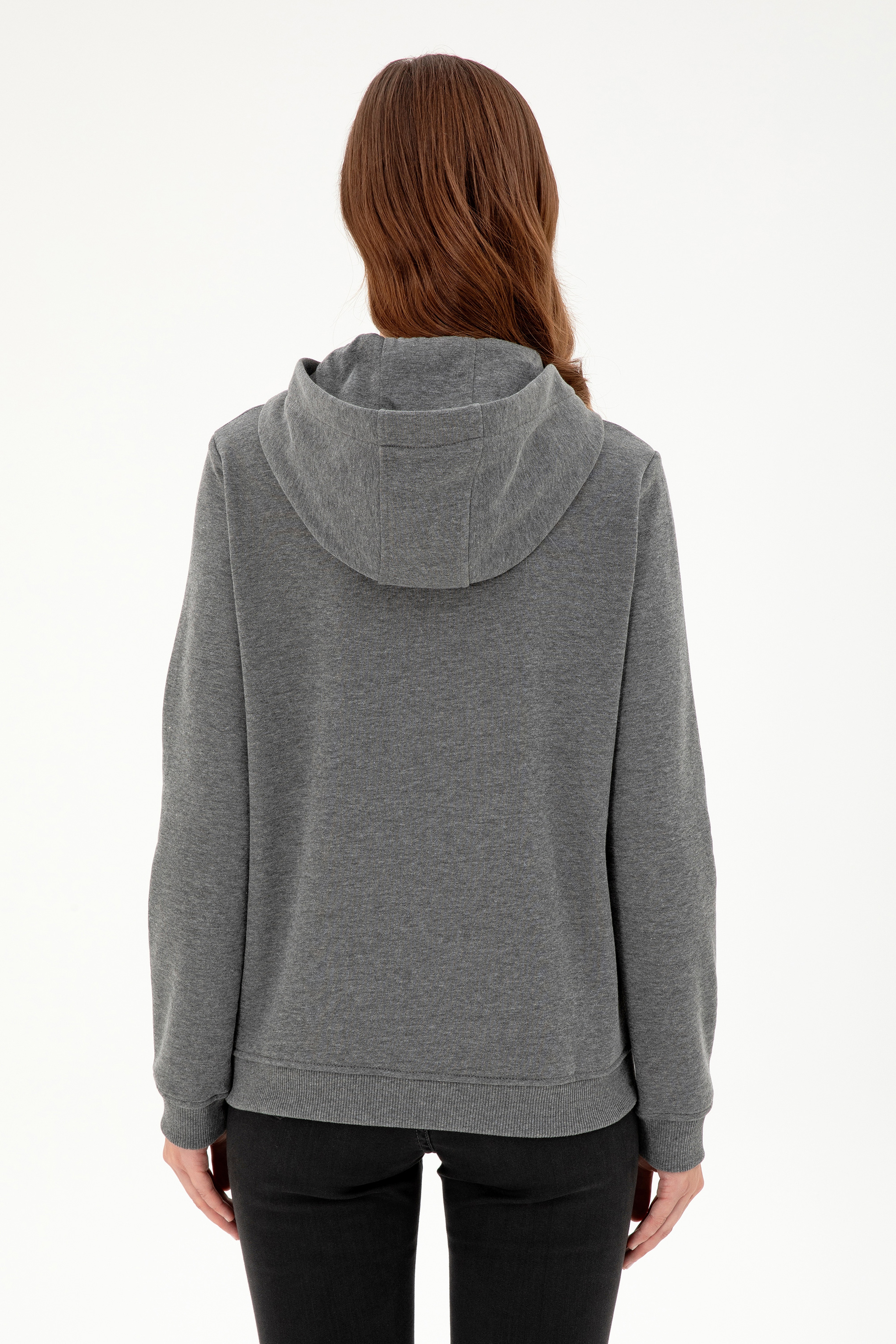 Kadın Antrasit Melanj Basic Kapüşonlu Sweatshirt - Image 5
