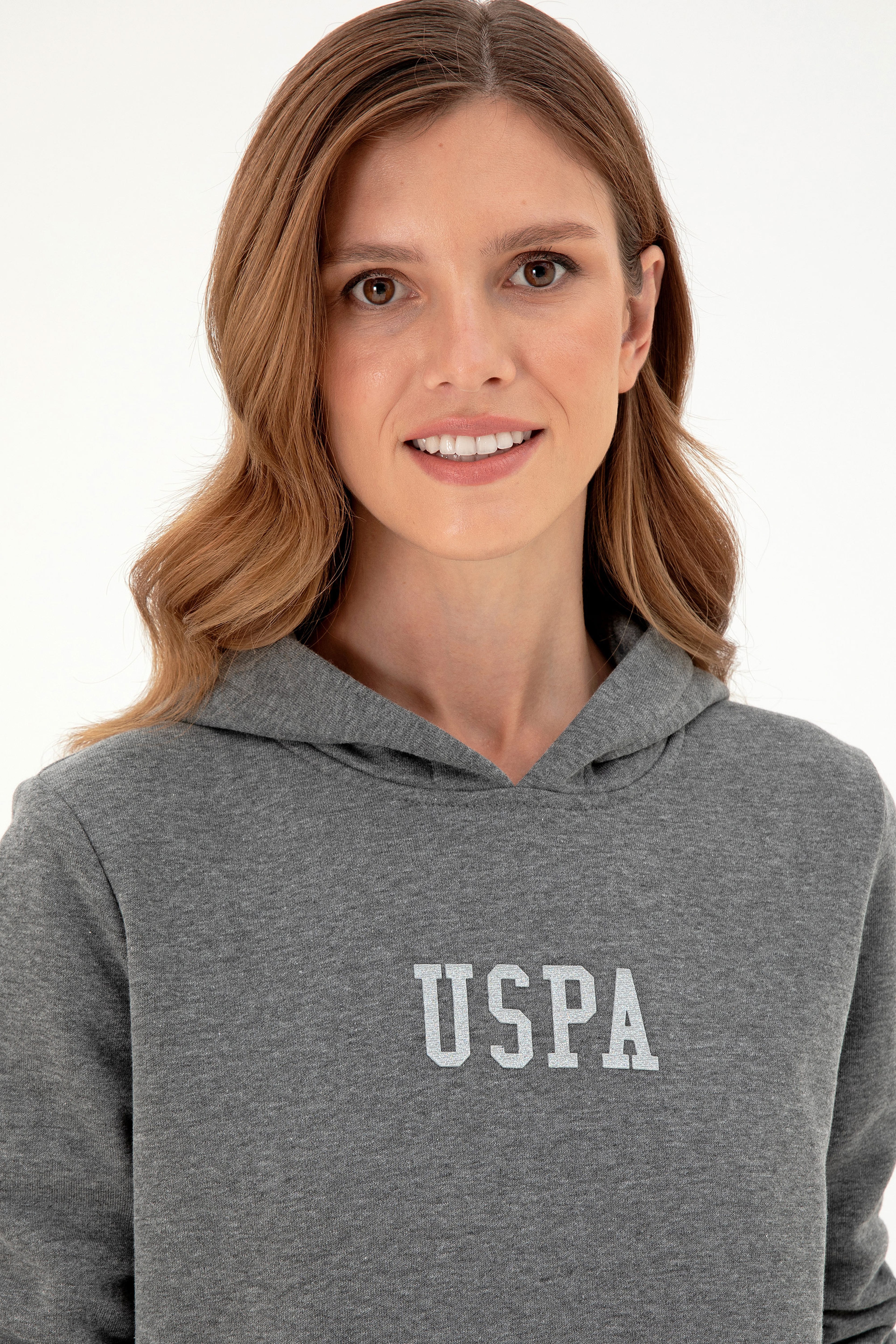 Kadın Antrasit Melanj Basic Kapüşonlu Sweatshirt - Image 2