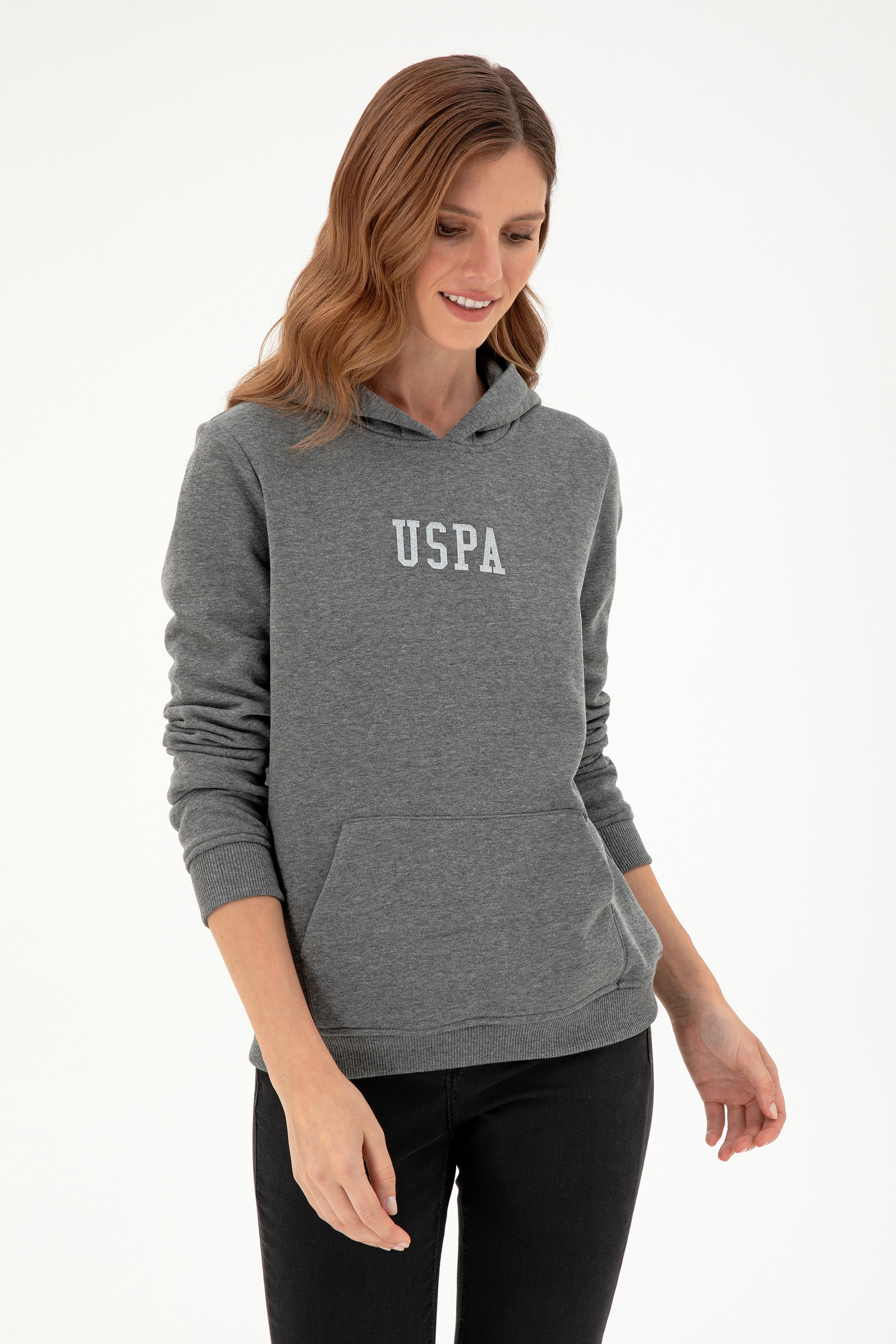 Kadın Antrasit Melanj Basic Kapüşonlu Sweatshirt - Image 3