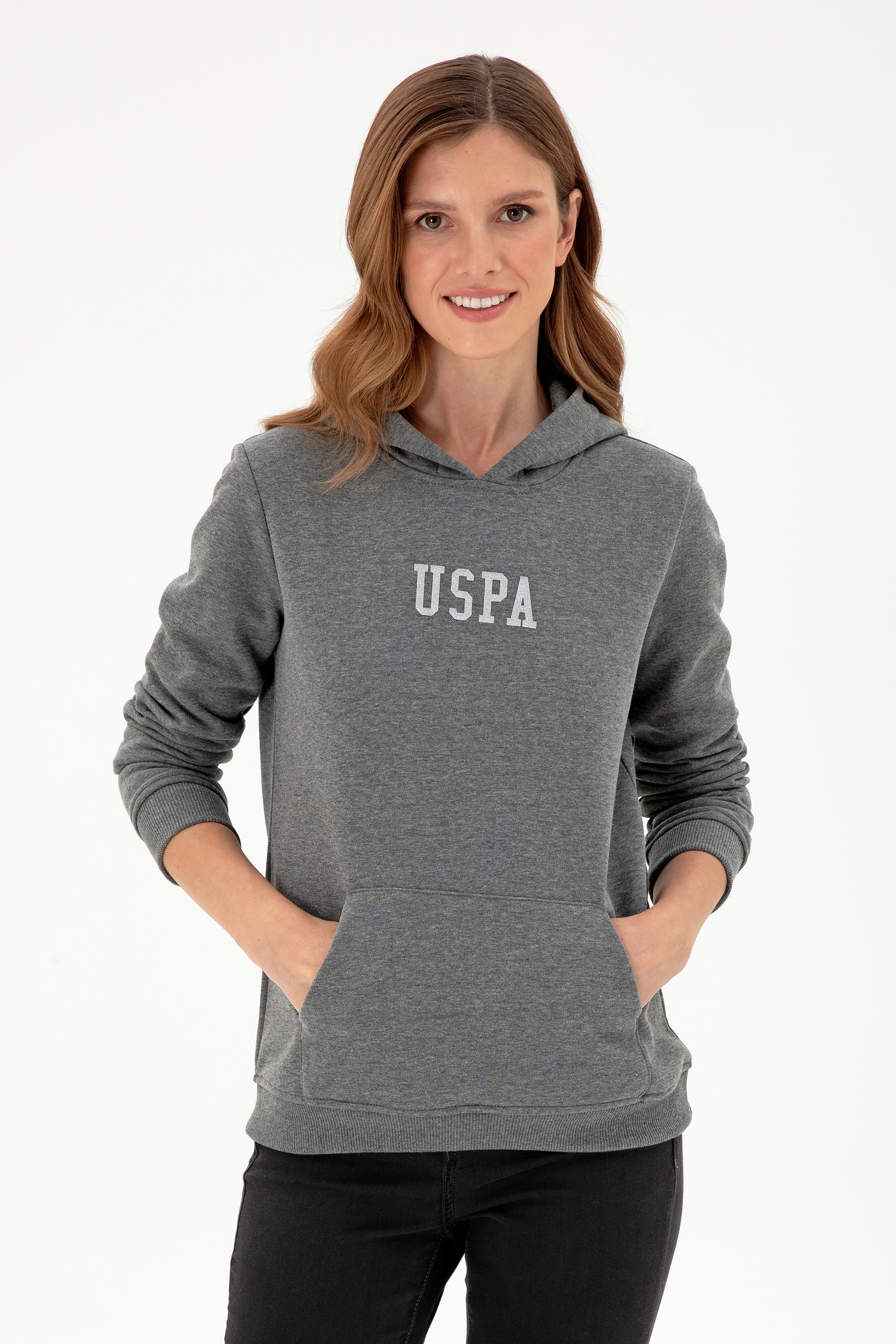 Kadın Antrasit Melanj Basic Kapüşonlu Sweatshirt