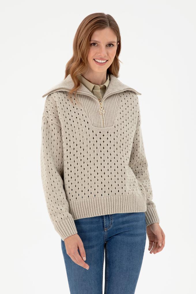 Kadın Taş V Yaka Fermuarlı Kazak