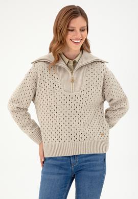 Kadın Taş V Yaka Fermuarlı Kazak - 50293113012