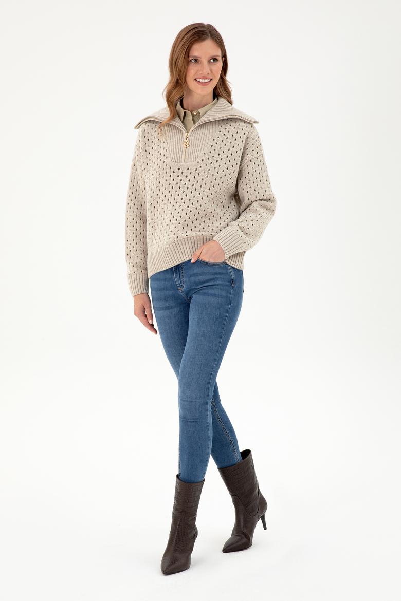 Kadın Taş V Yaka Fermuarlı Kazak - 50293113012