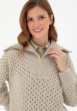 Kadın Taş V Yaka Fermuarlı Kazak - 50293113012