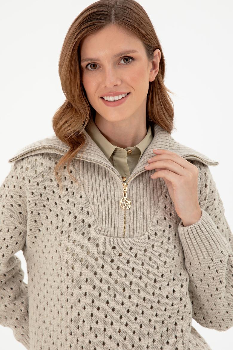 Kadın Taş V Yaka Fermuarlı Kazak - 50293113012