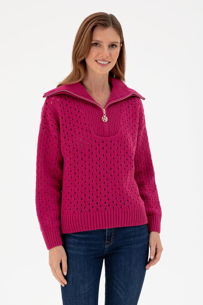 Kadın Fuşya V Yaka Fermuarlı Kazak