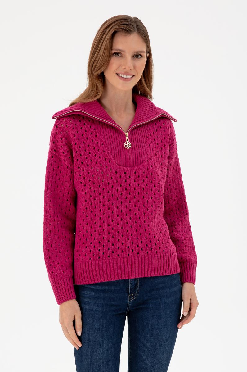 Kadın Fuşya V Yaka Fermuarlı Kazak