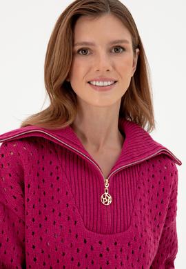 Kadın Fuşya V Yaka Fermuarlı Kazak - 50293113004