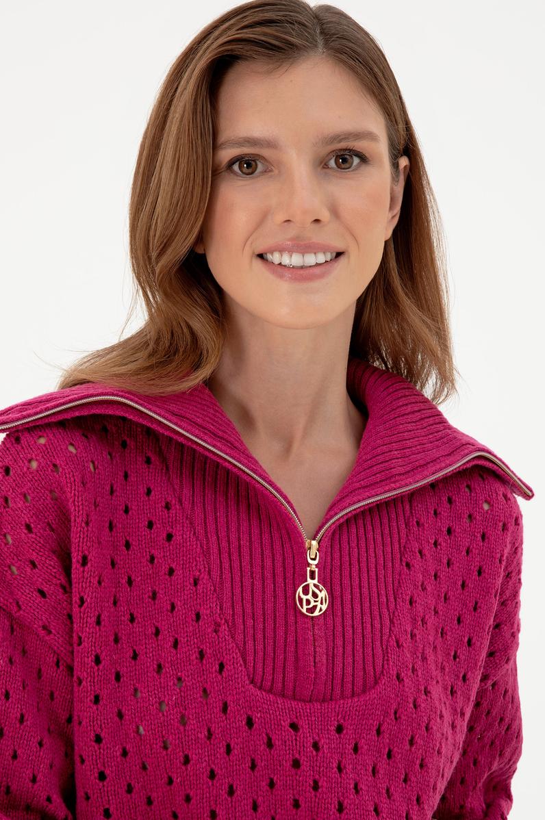 Kadın Fuşya V Yaka Fermuarlı Kazak