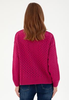 Kadın Fuşya V Yaka Fermuarlı Kazak - 50293113004