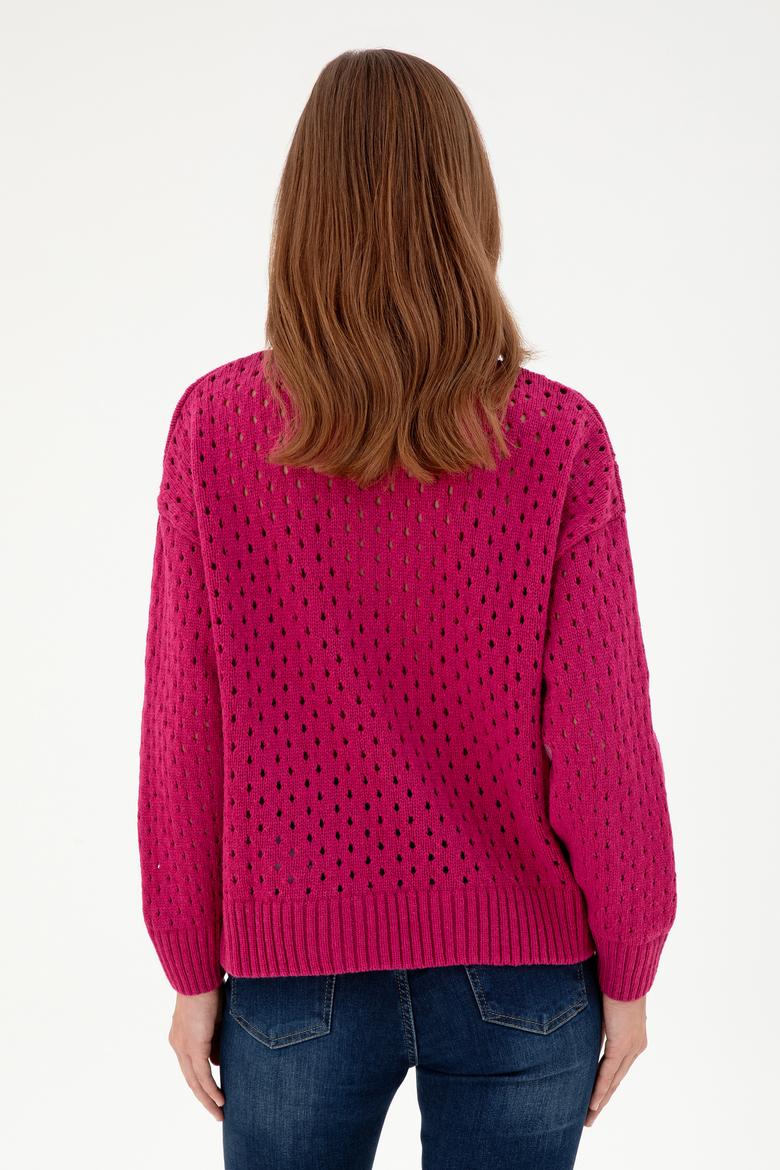 Kadın Fuşya V Yaka Fermuarlı Kazak - 50293113004