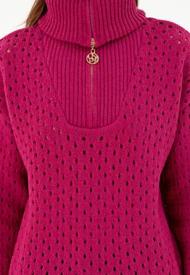 Kadın Fuşya V Yaka Fermuarlı Kazak - 50293113004