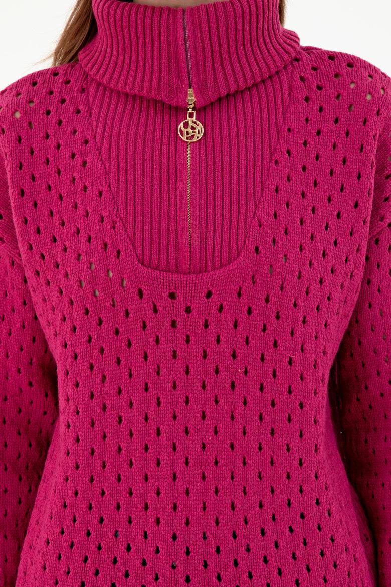 Kadın Fuşya V Yaka Fermuarlı Kazak - 50293113004