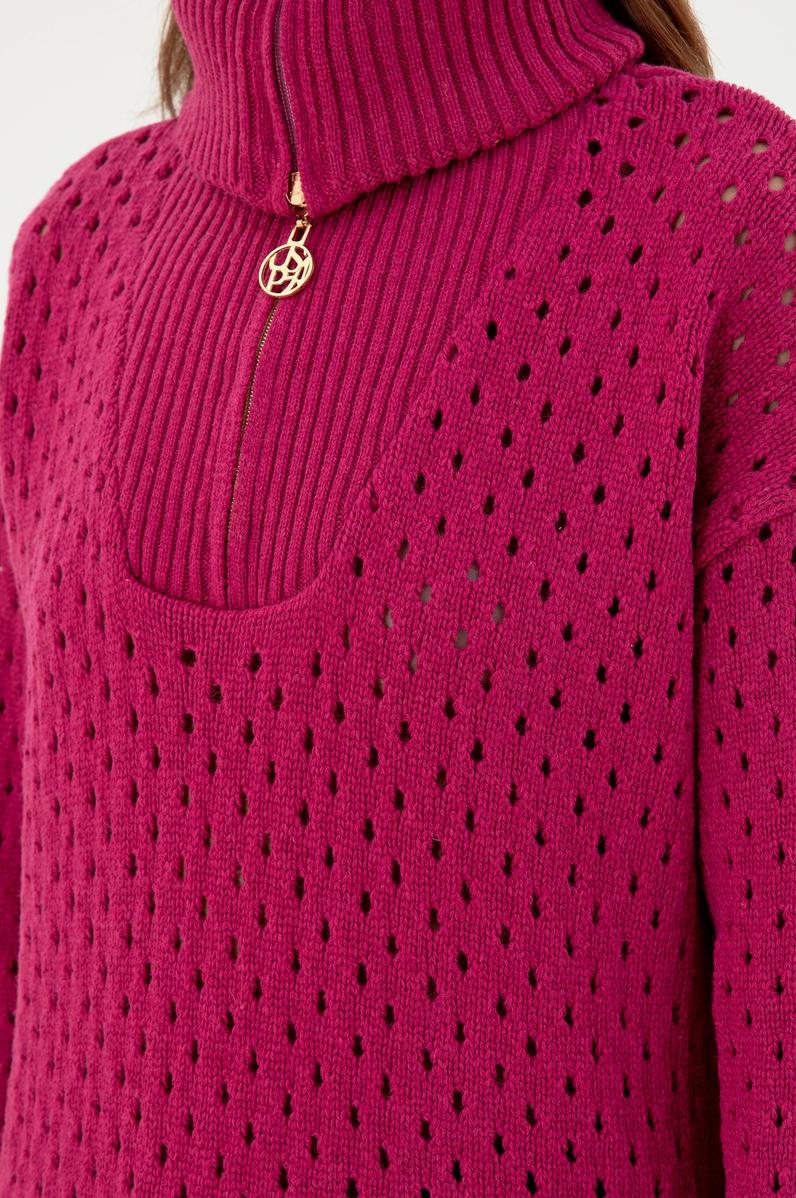 Kadın Fuşya V Yaka Fermuarlı Kazak