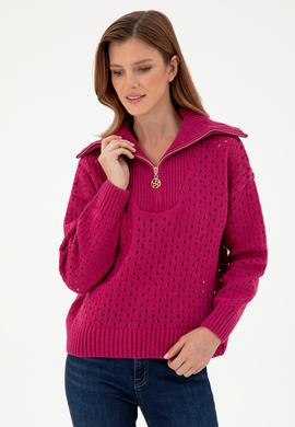 Kadın Fuşya V Yaka Fermuarlı Kazak - 50293113004