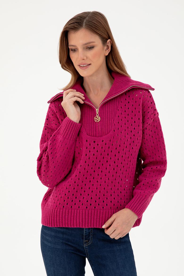 Kadın Fuşya V Yaka Fermuarlı Kazak - 50293113004