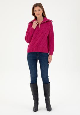 Kadın Fuşya V Yaka Fermuarlı Kazak - 50293113004