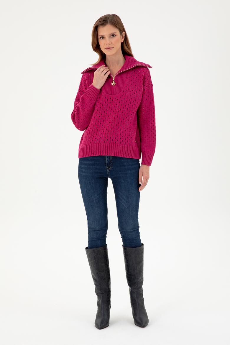 Kadın Fuşya V Yaka Fermuarlı Kazak - 50293113004