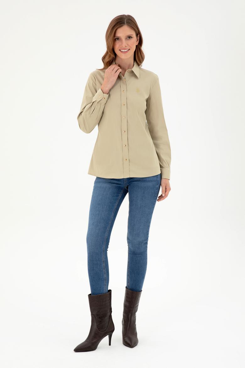 Kadın Açık Haki Uzun Kollu Basic Gömlek - 50293919038