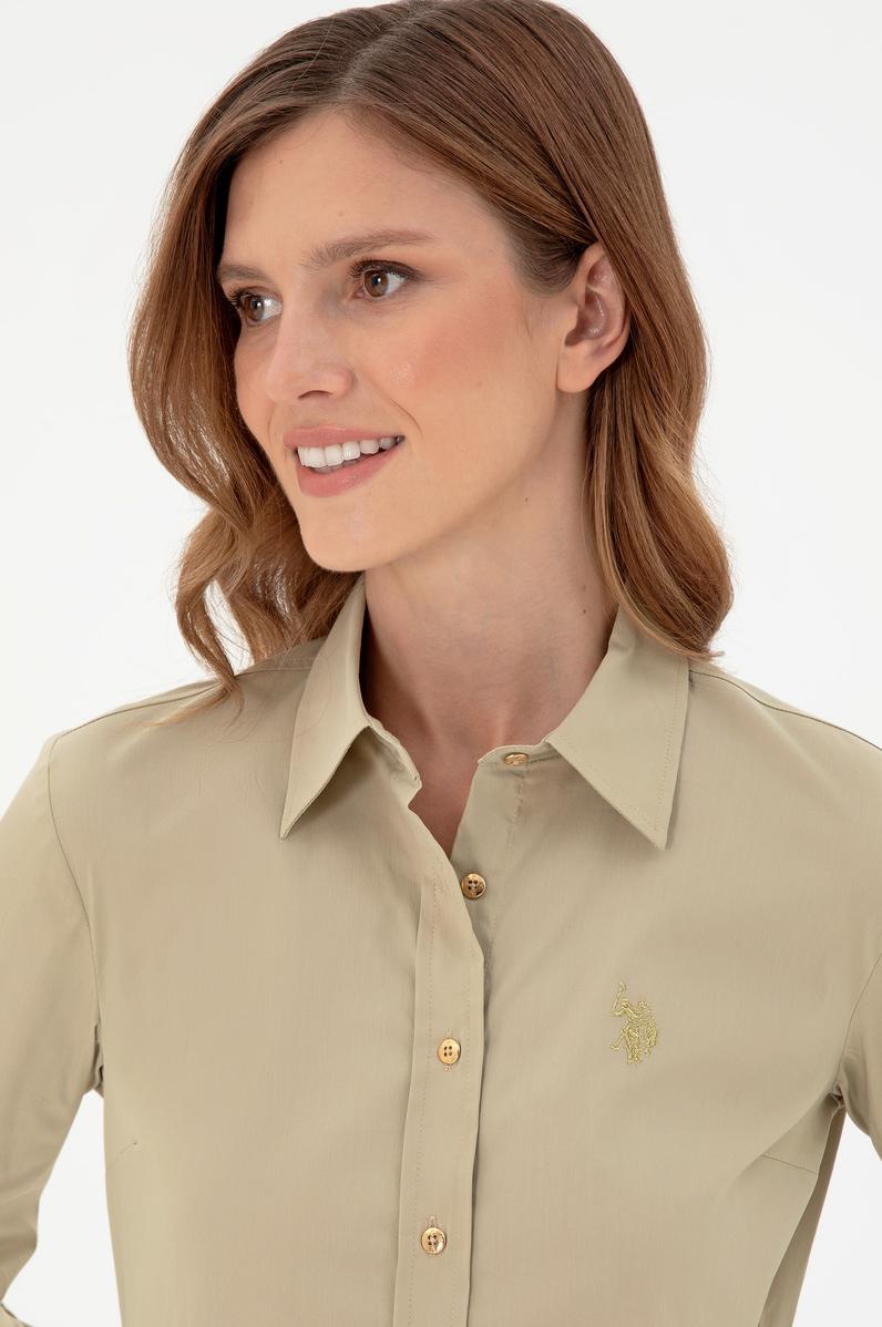 Kadın Açık Haki Uzun Kollu Basic Gömlek