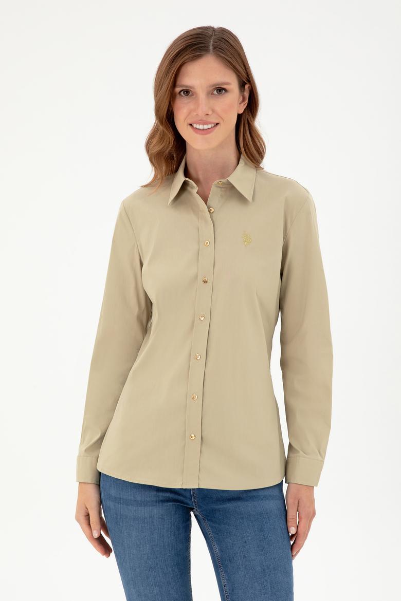 Kadın Açık Haki Uzun Kollu Basic Gömlek