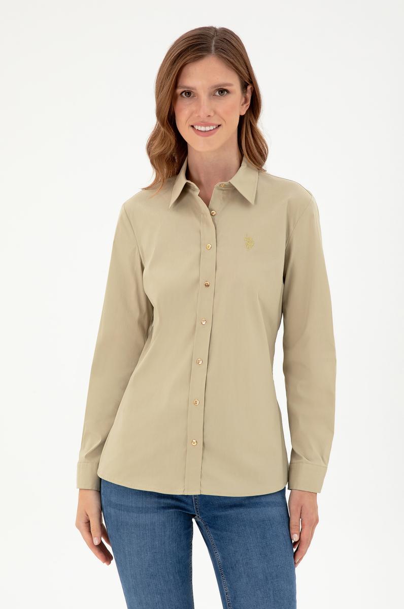 Kadın Açık Haki Uzun Kollu Basic Gömlek