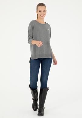 Kadın Gri Melanj Bisiklet Yaka Basic Kazak - 50293510026