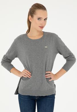 Kadın Gri Melanj Bisiklet Yaka Basic Kazak - 50293510026