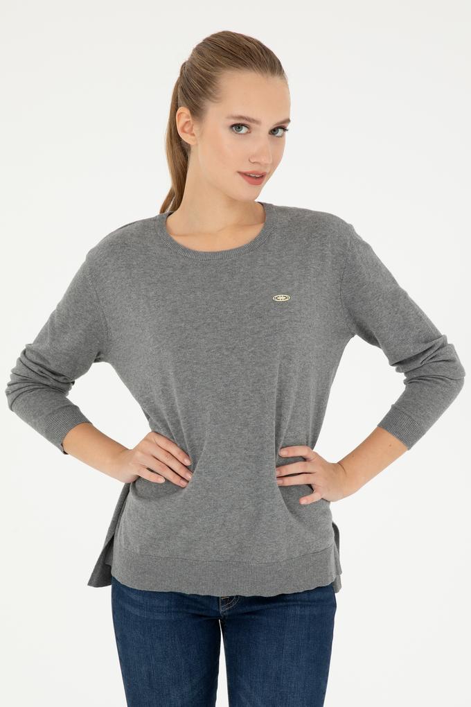Kadın Gri Melanj Bisiklet Yaka Basic Kazak