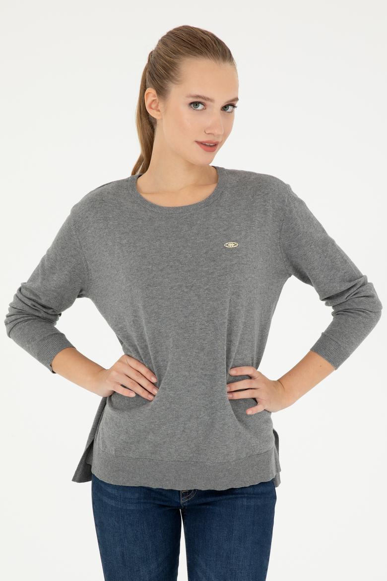 Kadın Gri Melanj Bisiklet Yaka Basic Kazak