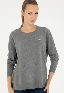 Kadın Gri Melanj Bisiklet Yaka Basic Kazak - 50293510026