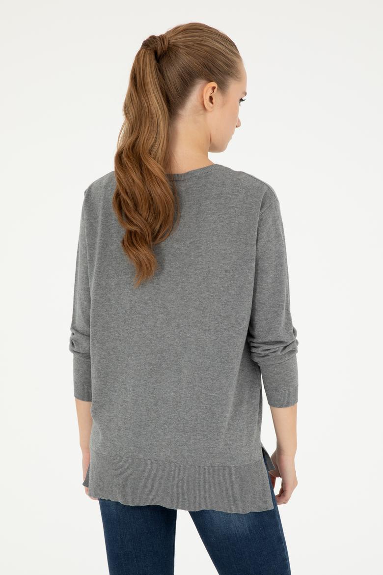 Kadın Gri Melanj Bisiklet Yaka Basic Kazak - 50293510026